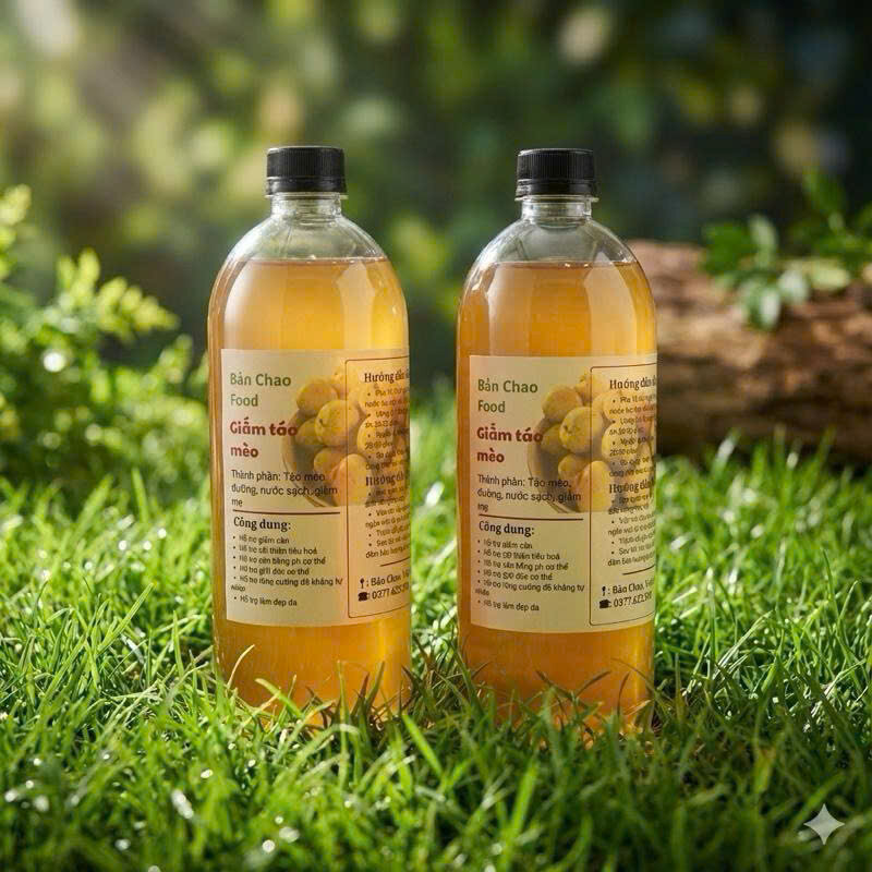 Hai chai giấm táo mèo 1 lít trên bãi cỏ