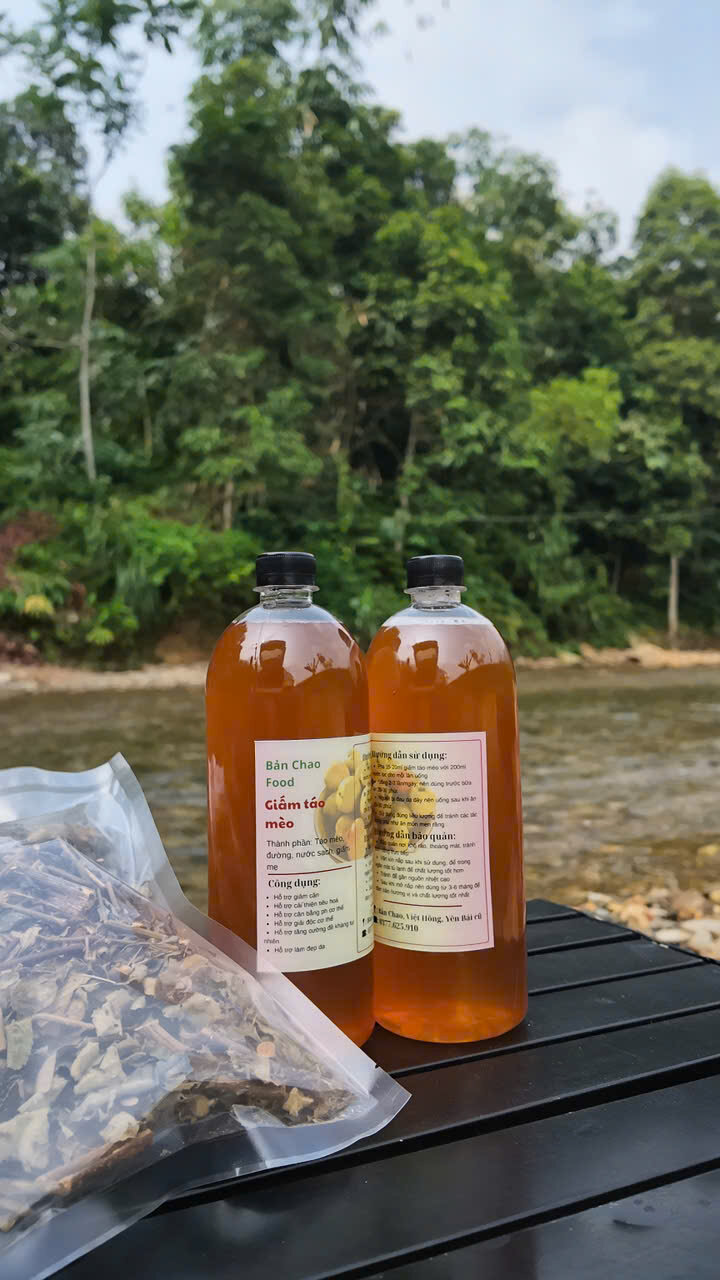 Chai giấm táo mèo chụp thực tế bên suối
